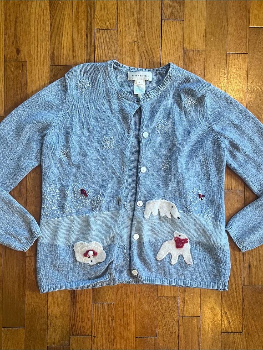 Susan Bristol Light Blue Winter Scene with Polar Bears Cardigan